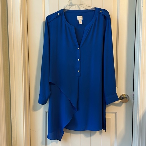 Chico’s 3/4 Sleeve Asymmetrical Hem Bright Blue Crossover Tunic Blouse SZ 3P XL - Picture 1 of 13